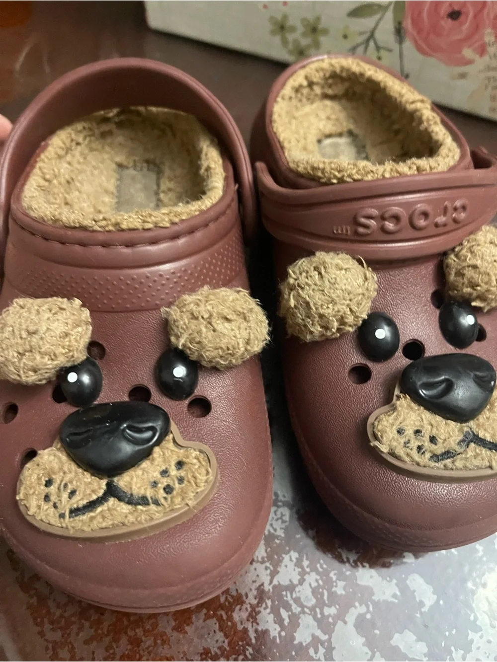 CROCS Kids Plush-Lined Maroon Clog Slippers with Pom Accents size 10